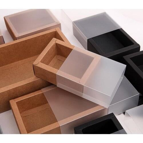 10pcs Kraft Paper Packing Box With Transparent PVC Window Black Delicate Drawer Display Gift Box Wedding Cookie Candy Cake Boxes