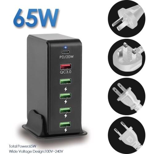 65w 6 Port Multi USB Charger Hub QC3.0 Fast Charging USB C PD Desktop Charging Station For iPhone Xiaomi Huawei Samsung