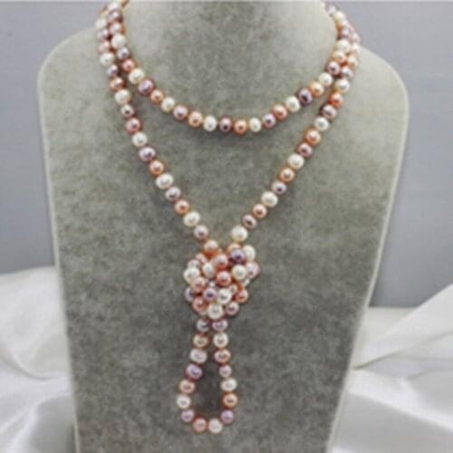 50 INCH 8-9MM WHITE PINK PURPLE AKOYA PEARL NECKLACE AAA
