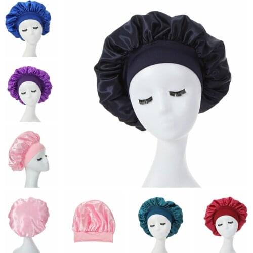 Women Night Sleep Hair Caps Silky Bonnet Satin Double Layer Adjust Head Cover Hat For Curly Springy Hair Styling Accessories
