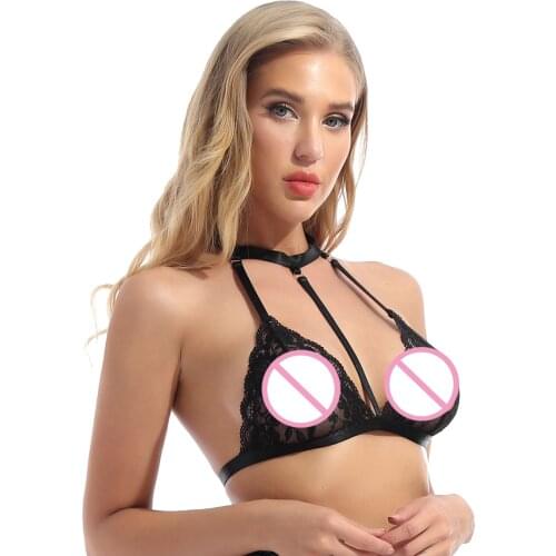 Women See-through Lace Bra Tops Halter Neck Adjustable Straps Exotic Brassiere Ladies Sexy Hollow Out Lingerie for Nightclub