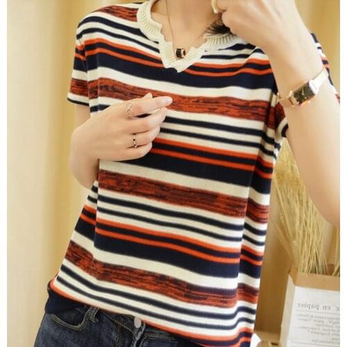 2021 spring and summer new womens V-neck short-sleeved sweater pullover cotton soft