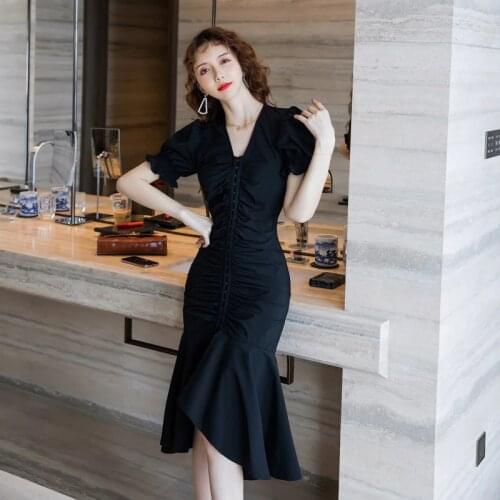 New arrival fashion party dress women elegant summer vintage v-neck puff sleeve cotton temperament simple black mermaid dress