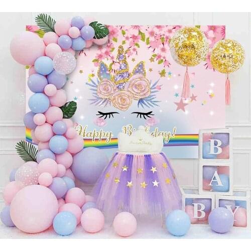 Stars Floral Unicorn Rainbow Birthday Party Decor Backdrops Text Customize Flowers Girl Princess Cake Table Background Photo