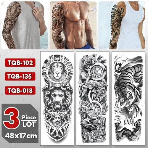 3 pcs/lot Large Arm Sleeve Tattoo Totem Lion Waterproof Temporary Tatto Sticker Tiger Clock Body Art Full Fake Tatoo Women Men