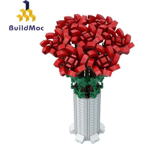 Buildmoc Expert MOC Rose Flowers Bouquet Vase Building Blocks Bricks Friend Flower DIY Toys For Girls Kids Festival Gift