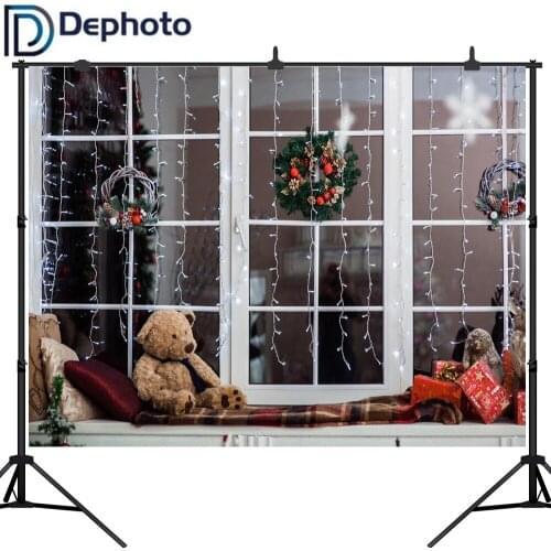 Dephoto Christmas Window Teddy Bear Light Bulb Wreath Photography Backgrounds Customized Photographic Backdrops For Photo Studio