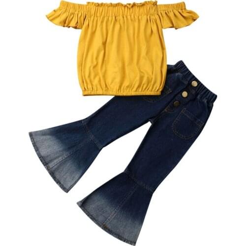 2pcs Toddler Kids Baby Girl Summer Off Shoulder Tops Pants Outfits Clothes Yellow Denim Flare Pants Set 3-7Y