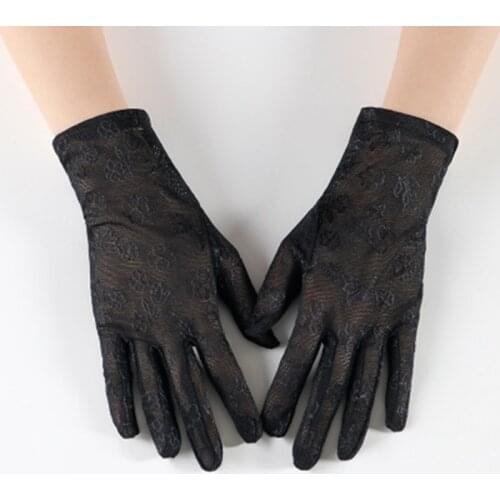 Summer Women Thin Short Stretch Hollow Flowers Lace UV Sunscreen Cycling Mitten Female Outdoor Riding Driving Sun Glove D54