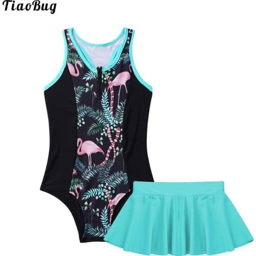 TiaoBug Summer 2Pcs Kids Girls Swimsuit Round Neck Sleeveless Racer Back Keyhole Back One-Piece Swimming Jumpsuit And Skirt Set