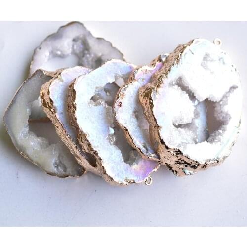 Natural white druzy quartz crystal pendant charm necklace gold tone pendants gem stone pendant jewelry making Accessories 6pcs