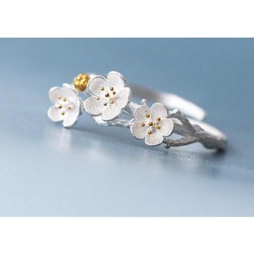 New Sterling Silver Jewelry Adjustable Ring Cherry Blossom Fashion Summer Branch Gold Flowers Rings For Women VRS2089
