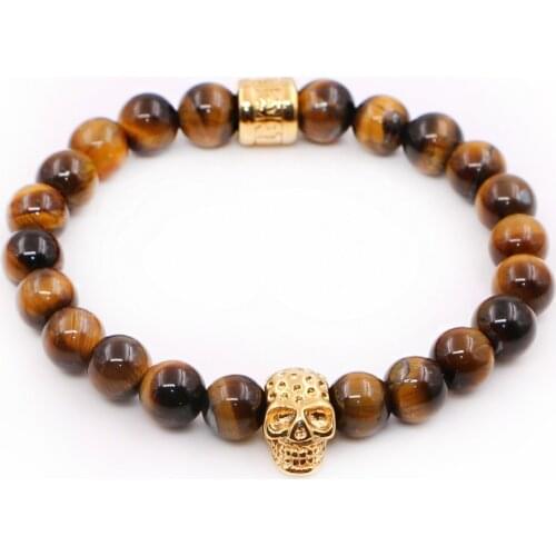 New Design High Grade Jewelry Tiger Eye Beads with Stainless steel Skull Charms Bracelets Man Women Best Friends Gift pulseira