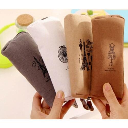 Khaki Cotton Linen Pencil Bag paris eiffel tower Pencil Bag in Paris enjoy the perfect trip Pencils Bags beige gray coffee color