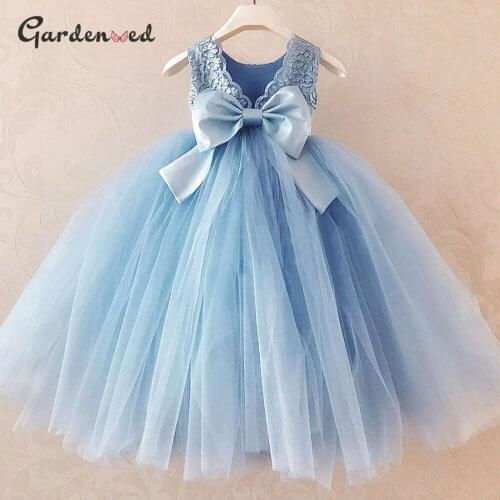Blue Baby Girl Dress Lace Tulle Flower Girl Dresses With Bow Tea Length First Communion Dress For Girl Birthday Kids Dresses