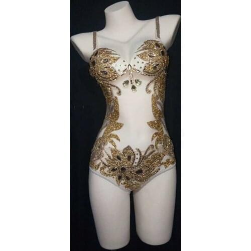 Sexy Stretch See-Through Mesh Bodysuit Shiny Golden Rhinestones Leotard Bikini Party Show Nightclub Bar Stage Outfit DT3015