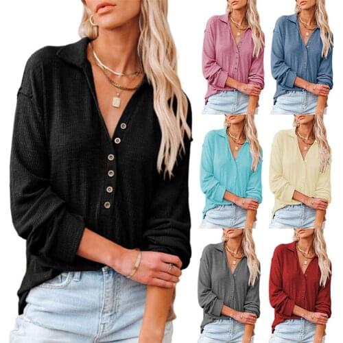 2021 fashion autumn and winter long-sleeved sweater casual loose womens lapel buttoned long-sleeved oversized T-shirt