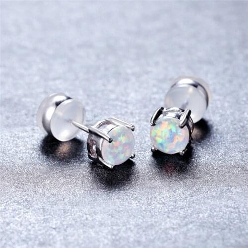 Vintage Fashion Bride Engagement Earrings 6MM Round Stone Small Earrings White Fire Opal Stud Earrings For Women Wedding Jewelry