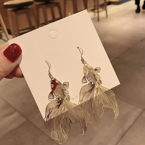 Chinese Style Personality Vintage Goldfish Metal Rhinestones Love Dangle Earrings Fashion Temperament Ladies Jewelry Accessories