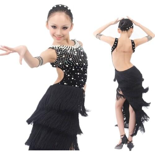 High-end Professional Girls/Women Black Latin Dress w/Thick Tassels Skirt,Salsa/Samba/Chacha/Ballroom Stage Competition Costume