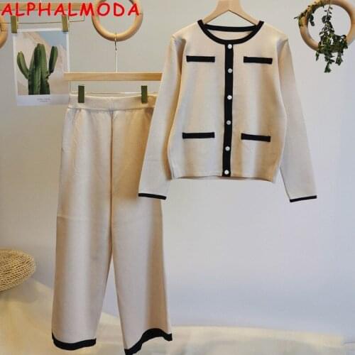 ALPHALMODA 2020 Autumn New Women Single Breasted Long-sleeved Sweater + Pants 2pcs Fashion Suit Female Winter Comfy Lounge Suit