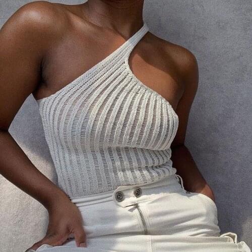 Sexy Summer Knitted Crop Top Women 2020 Elegant One Shoulder White Top Green Basic Streetwear Knitting Ribbed Tops Camisole