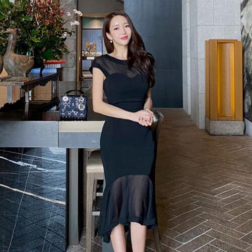 Elegant Korean Women Dress Knee-Length Midi Pencil Bodycon O-Neck Office Dresses Spring Mesh Patchwork Black Sexy Vestidoes