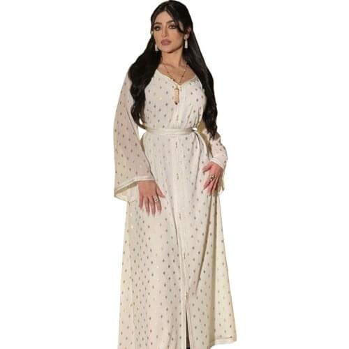 Middle Eastern Womens 2021 Fashion New Vest Dress + Muslim Ramadan Long Sleeve V-Neck Leisure Hot Robe 2 Pieces Set With Belts