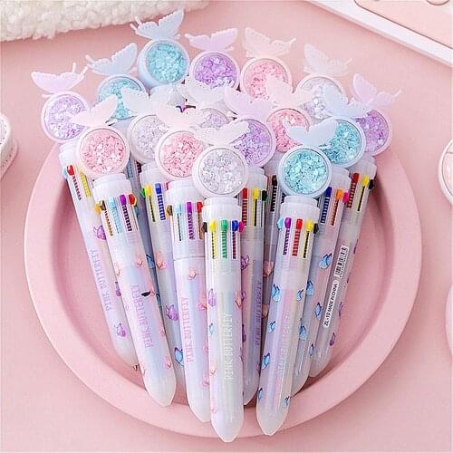 1PC 10 Colors Ballpoint Pen Cartoon Butterfly Series Ballpoint Pen Quicksand Sequins Pens School Stationery Supply Grils Gift