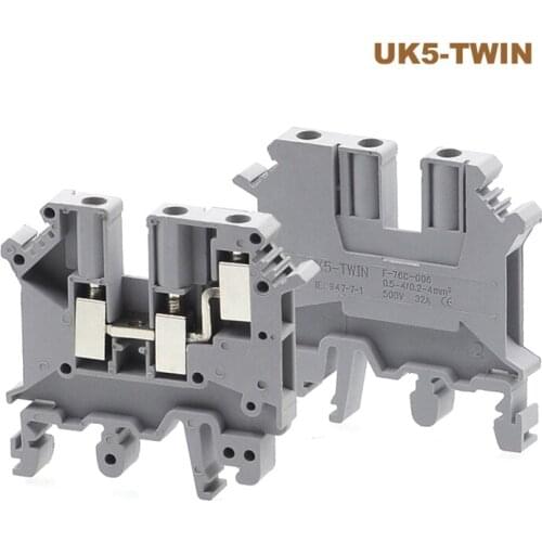 2Pcs Din Rail Dual Row Screw Terminal Blocks UK5-TWIN Bornier Electrical Wire Double Terminals Block Connector 4mm² 32A