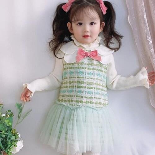 Baba girl vintage small fragrance tweed vest dress kids bow mesh stitching plaid princess dress