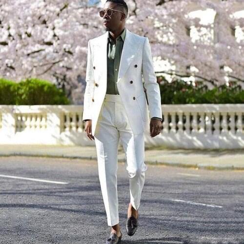 White Double Breasted Mens Suits Peaked Lapel Slim Fit Wedding Tuxedo 2 Piece African Male Fashion Jacket with Pants 2021