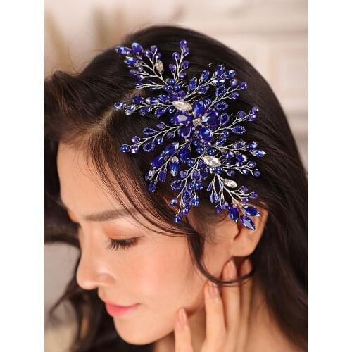 Bohe Blue Rhinestone Crystal Wedding Accessories Hair comb Bride to be Headdress hat female wedding Women bridal headwear