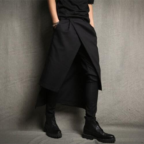 Men Culottes Tide Fashion Slim Casual Harem Pants Skirt Patchwork Punk Stage Costumes Black Trousers 2020 New