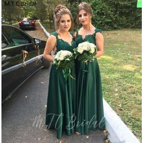 Elegant Long Green Lace Bridesmaid Dresses See Through A Line Satin Formal Dress Plus Size Wedding Party Gowns Robe De Soiree