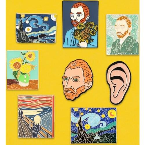 Scream Sunflower Enamel Pins Cartoon Van Gogh Enamel Pin For Art Oil Painting Lapel Pins Badge Bag Shirt Collar Jewelry Gifts