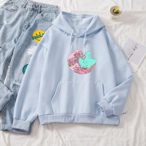 Blue Hooded Youth Sweatshirt Women Pink Cartoon Graphic Hoodie Trendy Female Fashion Long Sleeve Pullover Kpop Plus Size Coat