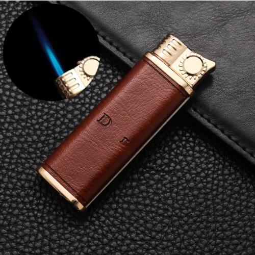 Classical pattern artificial leather Metal Butane inflatable gas Cigarette lighter Novelty jet Turbo torch flame igniter Gift