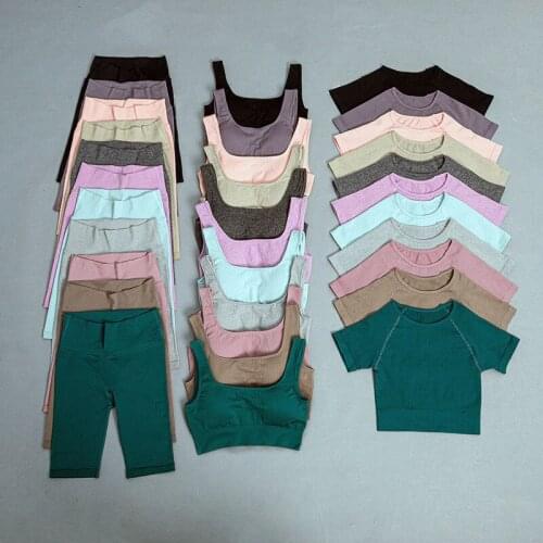 3pcs Seamless Yoga Set Womens Tracksuit Fitness Sport Bra Short Sleeve Crop Top High Waist Yoga Shorts Running Gym Sportswear