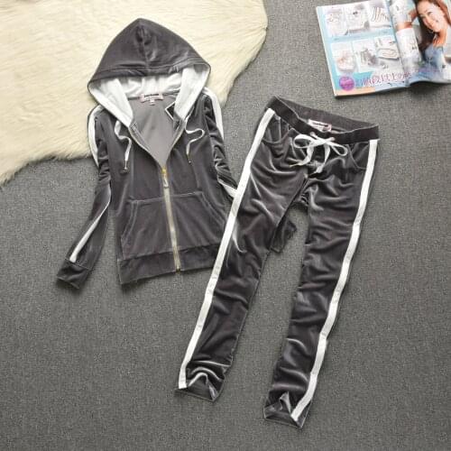 Juicy Lover Brand 2021New Spring Autumn Long Pants Set Women Tracksuits Striped Slim Velvet Jogging Sportswear Suits Black 657