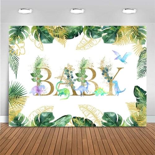Mocsicka Newborn Baby Shower Background for Photo Studio Dinosaur Green Leaves Child Birthday Party Backdrops Photocall Props