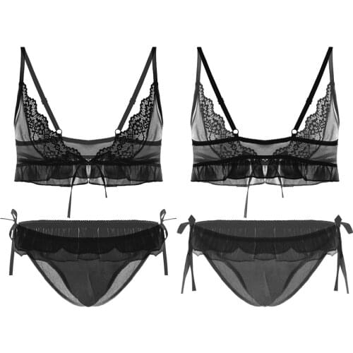 Mens Sissy Crossdressing See Through Sheer Mesh Lingerie Set Adjustable Straps Lace Trim Bra Top with Tie Side Briefs Underwear