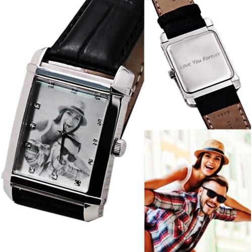 Amxiu Customized Square Picture Quartz Wrist Watch Engrave Words Watches Waterproof Personalized Photo Watch for Women Men Gift