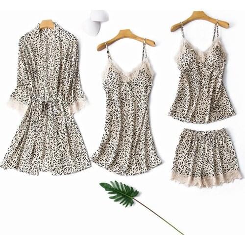 Nighty Sleepwear Sleep Set Sexy Women 4PCS Pajamas Suit Spring New Leopard Nightwear Casual Lace Pyjamas Lounge Home Wear