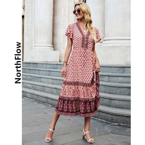 Northflow Women Dress Print Floral V-neck Bohemian Midi De Fiesta Party Dress Vestidos Robe Femme