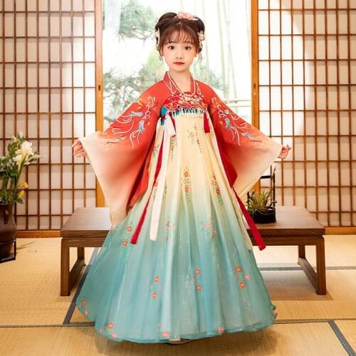 XinHuaEase New Ancient Hanfu Girls' Summer Thin Chinese Traditional Style Childrens Tang Costume Performance Dresses Kids Fairy