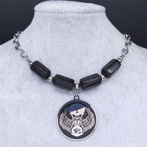 Egyptian Cross Eagle Obsidian Stainless Steel Choker Necklaces Silver Color Pendant Necklace Women Jewelry collares mujer NXS04