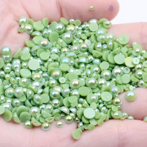 1000/500pcs 2-5mm and Mixed Size Grass Green AB Glue on ABS Imitation Half Round Pearls Resin Flatback Beads For Jewelry Making