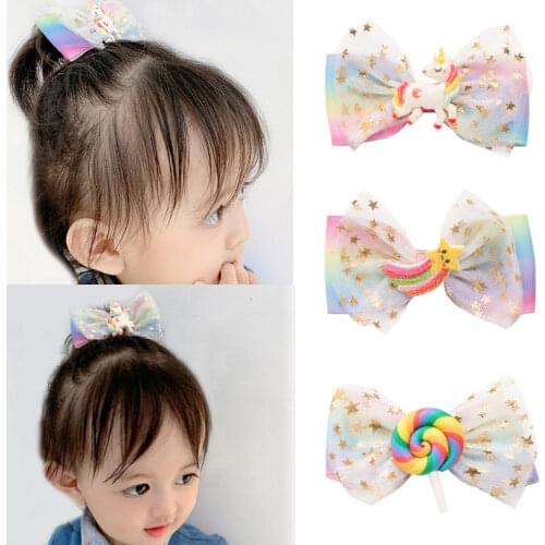 Rainbow Unicorn Grosgrain Ribbon Hair Bows Clips Bronzing Star Mesh Decor Hairpin Sweet Girls Spring Boutique Hair Accessories