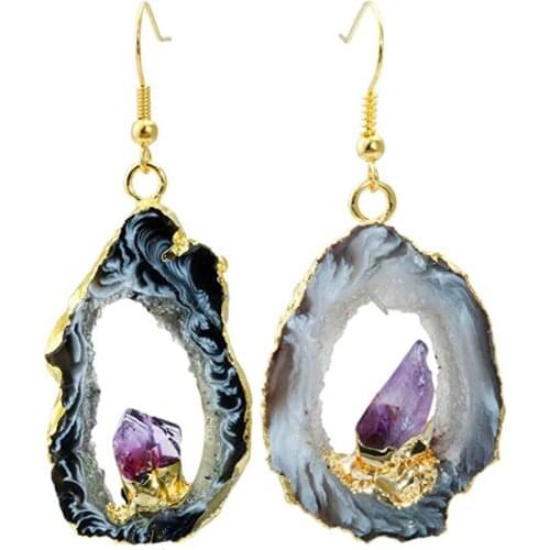 FYSL Light Yellow Gold Color Irregular Shape Agates Geode Drop Earrings for Women with Amethysts Stone Jewelry
